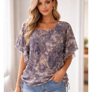 Paisley Print Blue and Beige Women's Blouse